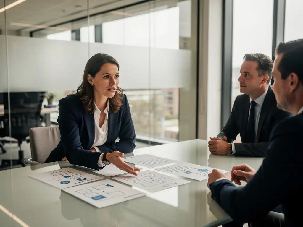 Vrouwelijke informatieanalist leidt bespreking aan glazen vergadertafel met procesdiagrammen, twee collega's luisteren aandachtig, modern Rotterdams kantoor.