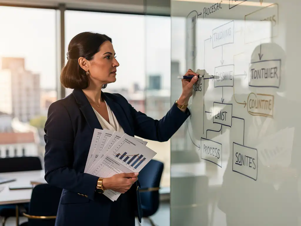 Vrouwelijke business analyst bekijkt kostenrapporten bij glazen whiteboard met procesdiagrammen in modern Rotterdams kantoor.