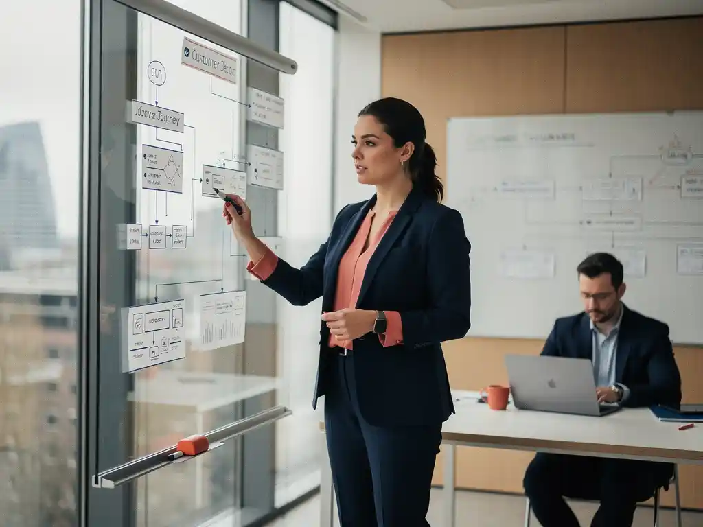 Vrouwelijke business analyst wijst naar customer journey diagrammen op glazen whiteboard in modern Rotterdams kantoor.