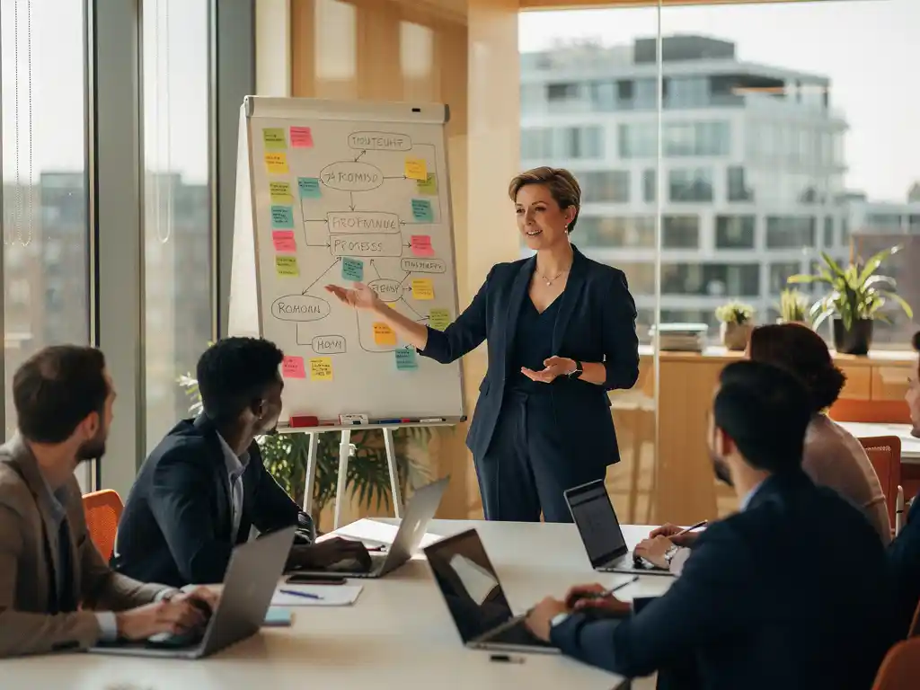 Vrouwelijke business analyst leidt change management sessie bij glazen whiteboard met sticky notes in modern Rotterdams kantoor.