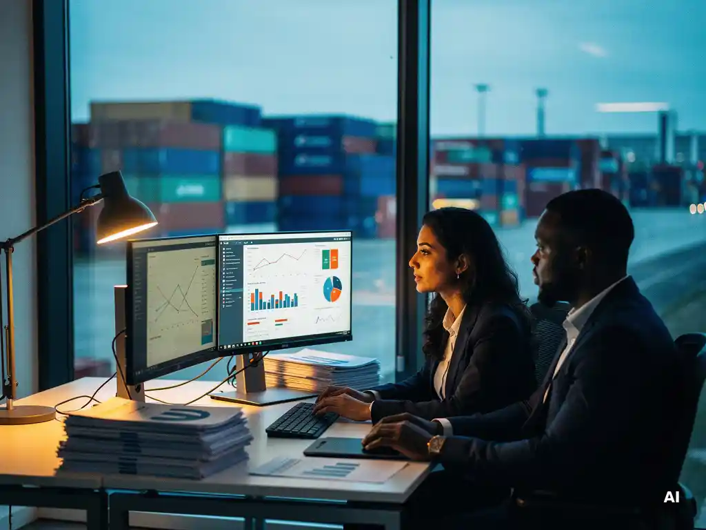 Twee logistieke analisten bekijken scheepvaartdata op monitoren in een Rotterdams kantoor met zichtbare containers op de achtergrond.