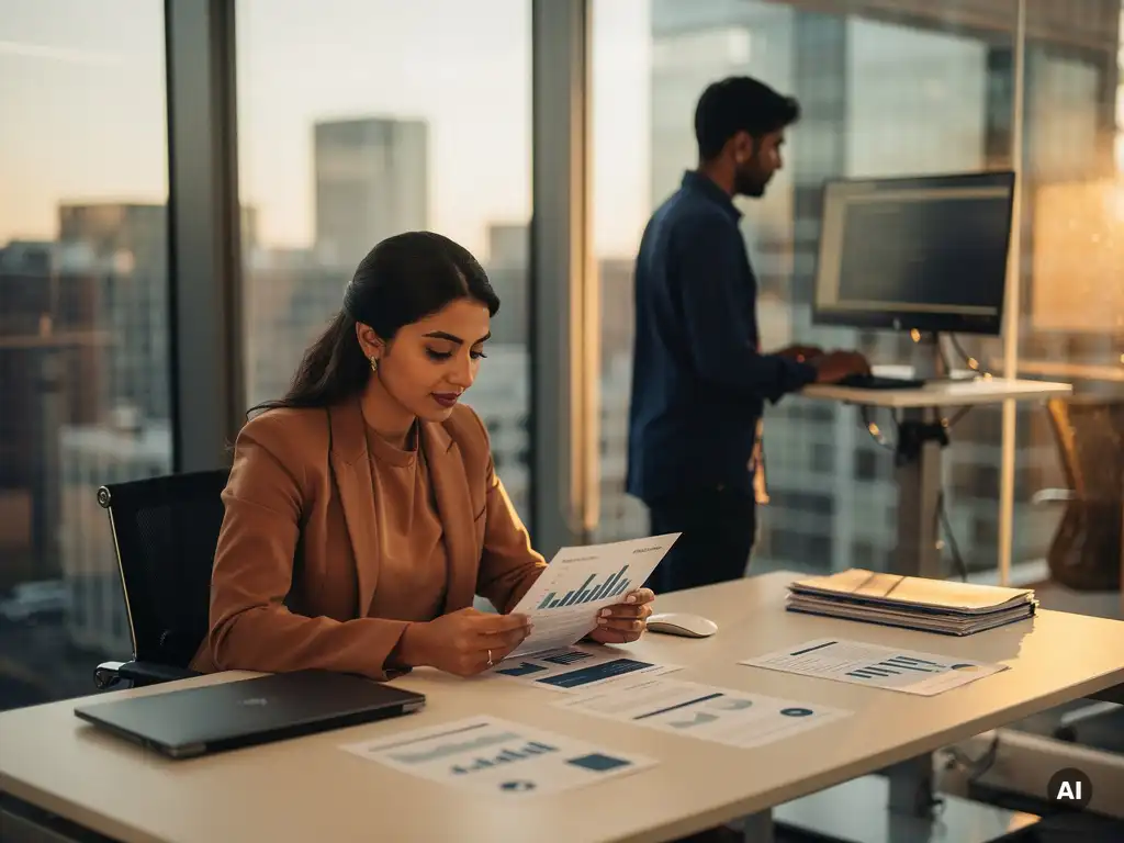 Vrouw bekijkt salarisrapporten aan modern bureau in Rotterdam kantoor, collega werkt op de achtergrond bij een staand werkstation.