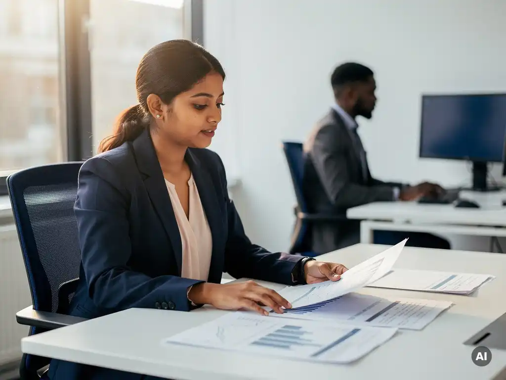 Jonge Zuid-Aziatische vrouw in blazer bestudeert gedrukte datarapporten op modern kantoor in Rotterdam, collega zichtbaar op achtergrond.